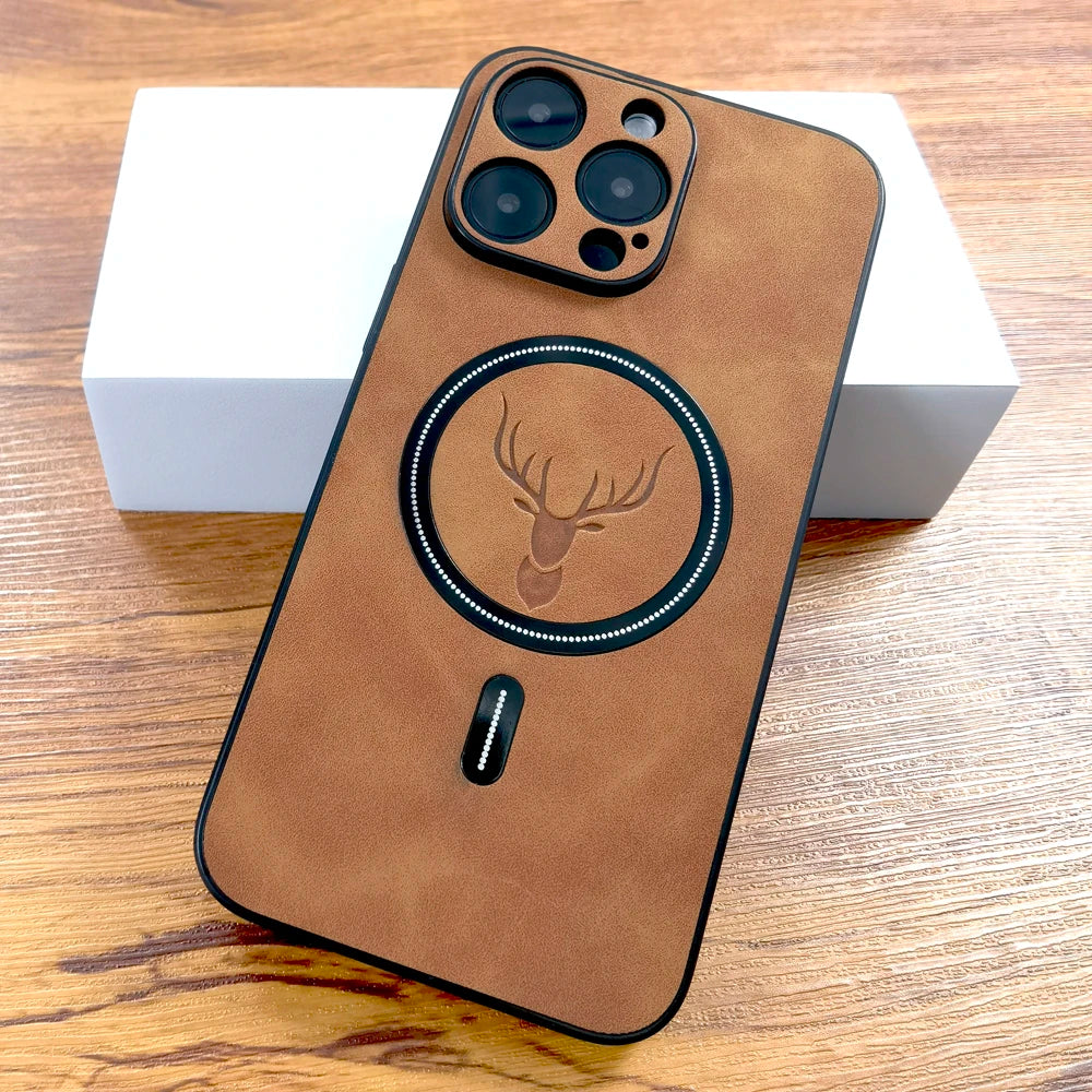 Luxury PU Leather Deer Case for iPhone 16/15 Pro Max/Plus - MagSafe Compatible Wireless Charging Cover